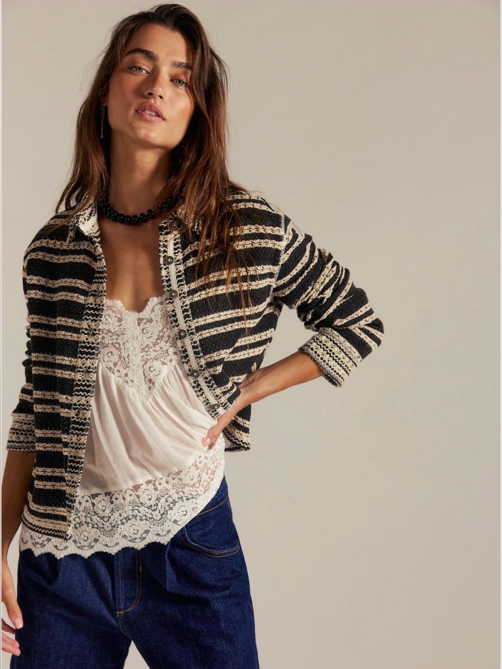 We The Free - Striped Knit Button-Front Women’s Cardigan - Black & Cream